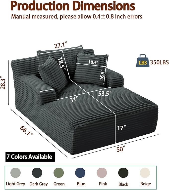 50 Inch Oversized Chaise Lounge Chair Indoor Corduroy Upholstered Sleeper Sofa Bed with Spring Cushion No Assembly Lazy Boneless Chaise Lounge for Bedroom Office Green