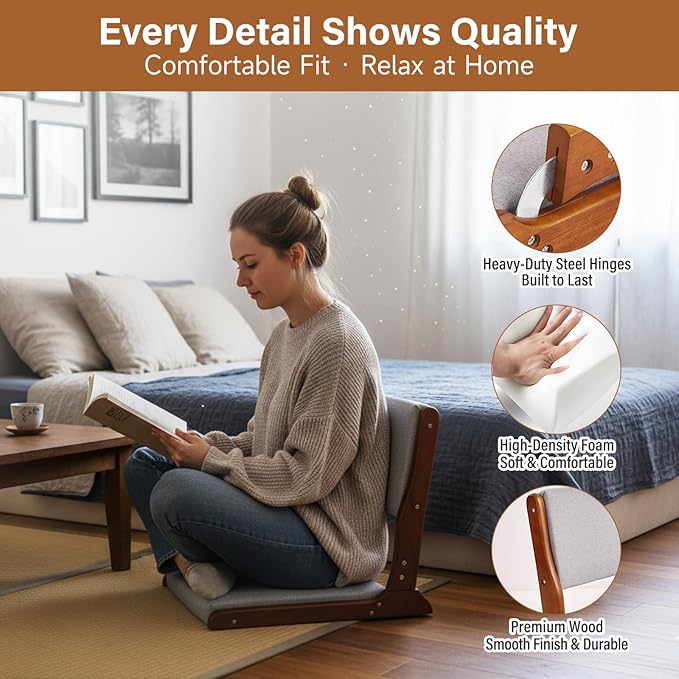 Tiita Floor Chair with Back Support Foldable Meditation Tatami Chairs Backrest Chair with Cushion Living Room Chair Seat 2 Pack Walnut Grey