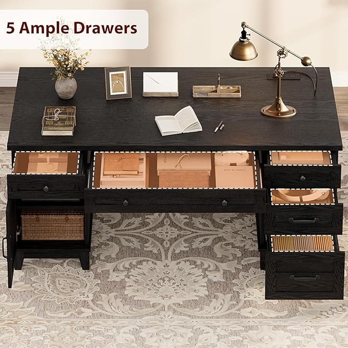 60 Inch Farmhouse Computer Desk with Charging Station &amp File Cabinet Wooden Office Desk with Power Outlets USB Ports and Ample Storage Drawers for Home Workspace Executive Writing Table.