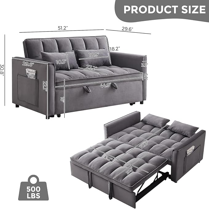 KEIKI 51.2 3-in-1 Convertible Sleeper Sofa Bed Pull-Out Futon Couch with Adjustable Back Side Pockets &amp Roller Legs Velvet Loveseat for Living Room or Bedroom Dark Gray