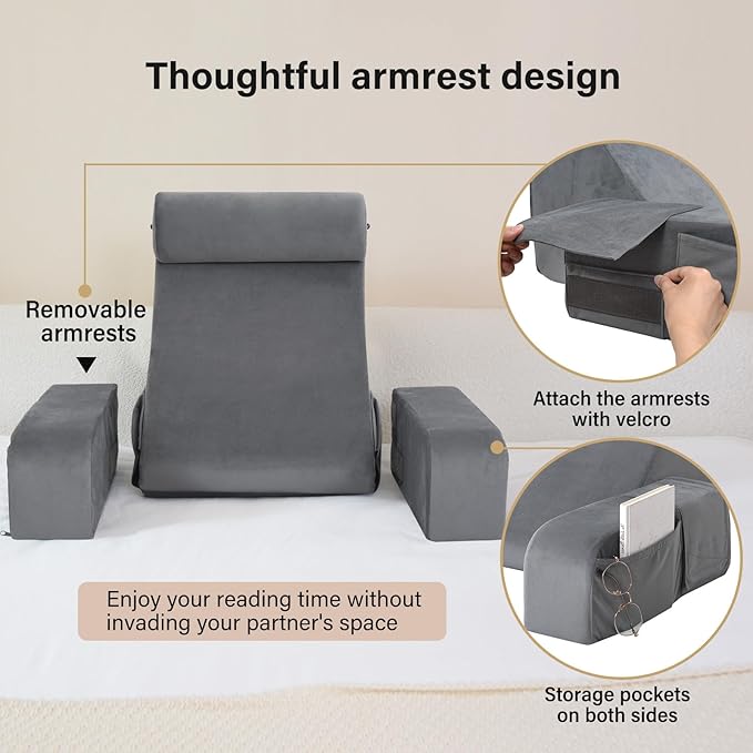 ENITYA Reading Pillow for Sitting in Bed Adult 19 Back Support Pillow for Bed Sitting up Backrest Cushion for RecliningGamingRestingWatching TV in Couch or Floor Wedge with Arms Medium(Grey)
