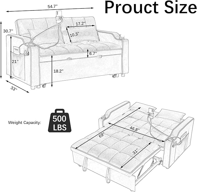 Loveseat Sofa Bed with USB Ports Phone Holder &amp Cup Holders | Convertible Futon Couch for Small Spaces Pull-Out Sleeper Sofa for Living Room &amp Apartments (Grey Double Seat)