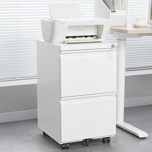 Mobile Printer Stand with Drawers and Lockable Wheels 3-Drawer Office Storage Filing Cabinet with Lock for Legal Letter Size Pre-Assembled Metal File Cabinet Except Wheels Under Desk White