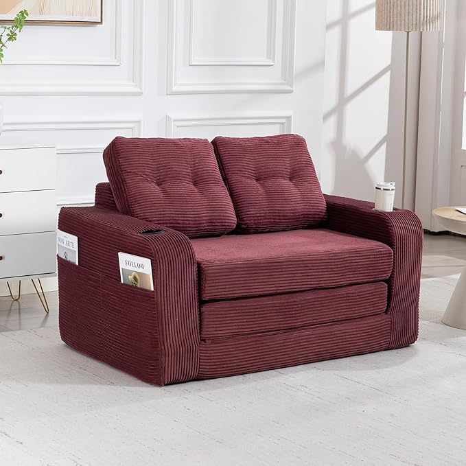 53'' Folding Sofa Bed Boneless Loveseat Sleeper Sofa 2 in 1 Convertible Foldable Pull Out Sofa Bed with Pillows Comfy Cloud Floor Couch for Living Room Small Space No Assembly(Wine Red)