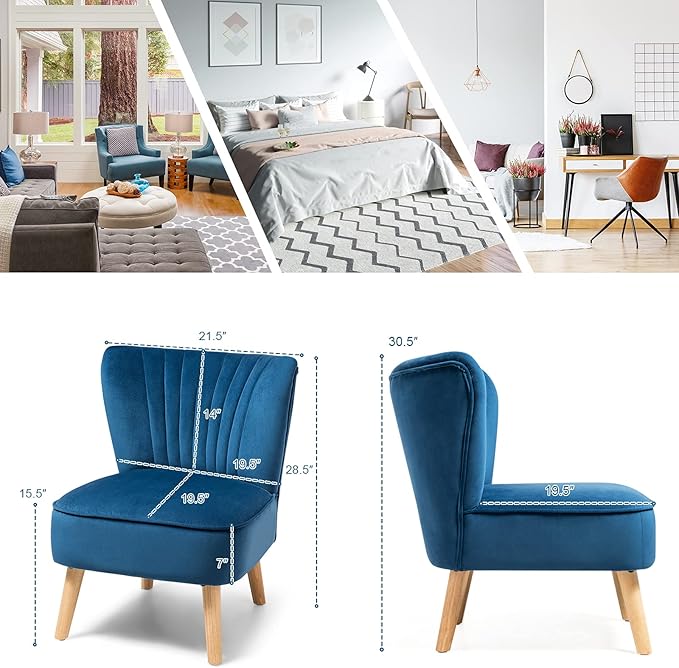 S AFSTAR Armless Accent Chair Velvet Modern Chair with Rubber Wood Legs and Thick Sponge Seat Upholstered Leisure Wingback Sofa Chair for Living Room for Bedroom Living Room (2 Blue)