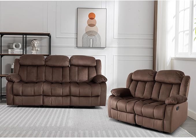 EBELLO Manual Reclining Sofa Set Classic 5-Seater Furniture Set with Overstuffed Arms and Backrest Include 1 Loveseat Couch and 1 3- Seat Sofa Brown