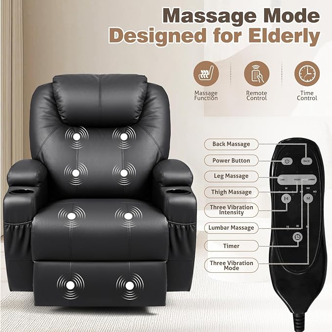 Recliner Chair 360° Swivel Rocker Chair for Adults Rocking Recliner Chair with Massage Comfy Single Sofa with Side Pockets Cup Holders for Living Room Bedroom Nursery (Leather Black)
