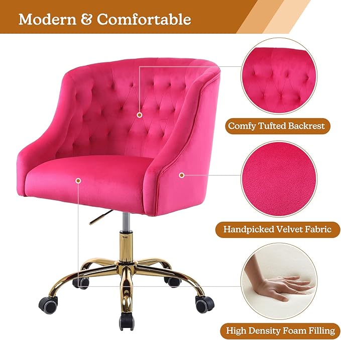 Velvet Home Office Chair with Gold Base Comfortable Modern Cute Desk Chair Adjustable Swivel Task Chair for Living Room Bedroom Vanity Study Fushia