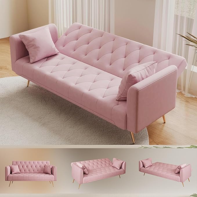 Modern Velvet Sofa Bed Futon with 2 Pillows2-in 1 Convertible Sleeper Couch BedFolding Recliner Loveseat with Golden Metal Legs for Living Room Apartment Office (Light Pink)