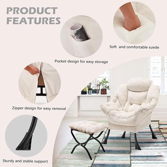 Lazy Chair with Folding OttomanLeisure Sofa ChairSoft Fabric Armchair with Armrests and Side Pockets Reading Chair with Footrest for Living Room Bedroom Office (Plush Beige)
