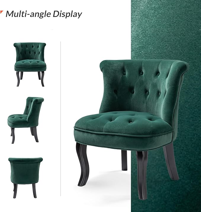 HULALA Home Velvet Accent Chair Modern Upholstered Fabric Armless Wingback Chair with Solid Wood Legs Comfy Tufted Vanity Club Chair for Reading Living Room Bedroom Guest Room Pine Green