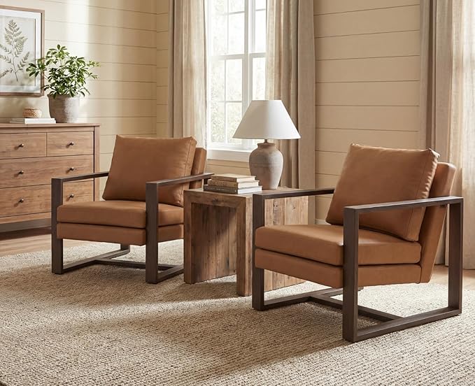 CIMOTA Modern Mid Century Accent Chairs Set of 2 Comfy Armchairs with 8.5 Thick Cushion &amp Armrests Upholstered Leather Reading Lounge Chairs with Walnut Frame for Living Room Bedroom Office Brow