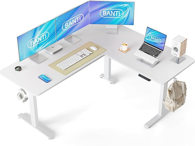 BANTI L-Shaped Standing Desk - 63 x 55 Inch Adjustable Corner Standing Desk with Charging Station - L Shape Sit Stand Table with Memory Controller Splice Board for Home Office White