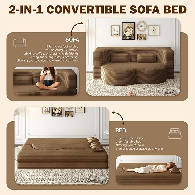 Modern 2-in-1 Convertible Sofa Bed 78 Full Size Corduroy Floor Sofa with 2 Pillows Folding Mattress Sleeper for Living Room &amp Guest Room No Assembly Required