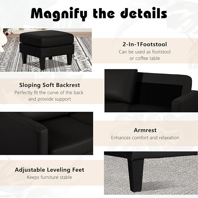 TITIMO Faux Leather Sectional Sofa L Shaped Sofa with Reversible Chaise Convertible Sectional Couch 3-Seater Modern Small Couches for Small Space (Black)