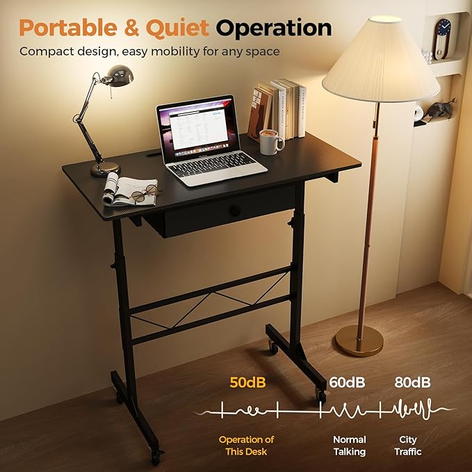 GTPLAYER Small Mobile Standing Desk 32In Wide Adjustable Height Stand Up Desk for Home Office Portable Sit Stand Rolling Computer Desk with Wheels Storage Drawer and Slot Carbon Fiber Style Black