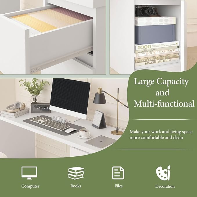 furtble White Desk with Drawers 43 Inch Small Cute Desk for Bedroom Home Office PC Desks Workstation Study Table Desks with Storage White