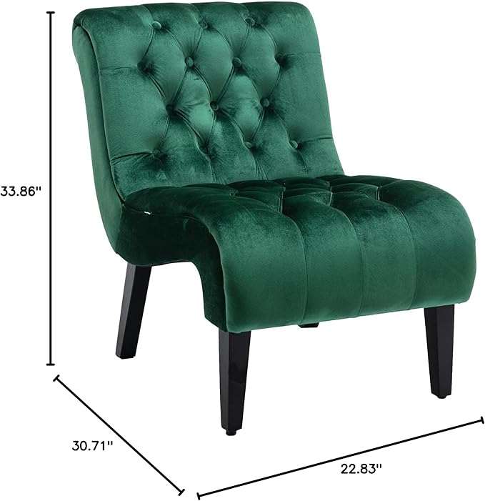 Modern Velvet Armless Accent Living Room Chair Leisure ChairUpholstered Fabric Button Comfortable Chair with Wooden Legs for Bedroom Living Room Office (Green Velvet)