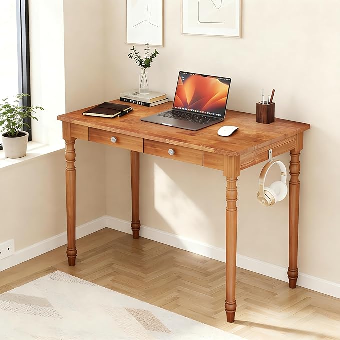 Mid Century Modern Desk 39 Vintage Solid Wood Desk with 2 Drawers Boho Writing Desk Computer Table for Home Office Bedroom Living Room