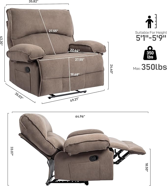 Extra Wide Velvet Manual Recliner Chair for Adults Oversized 27’’ Seat Width Reclining Sofa with Massage and Heating for Big and Tall People Overstuffed Lazy Boy Couch for Living Room Brown