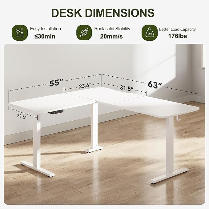 BANTI L-Shaped Standing Desk - 63 x 55 Inch Adjustable Corner Standing Desk with Charging Station - L Shape Sit Stand Table with Memory Controller Splice Board for Home Office White