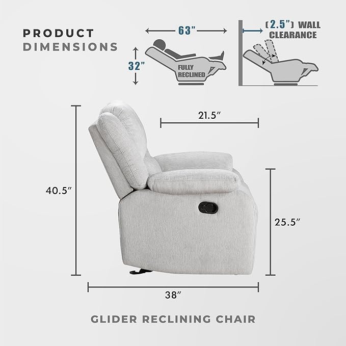 Lexicon Manual Glider Recliner Sofa Chair Home Theater Seating Wall Hugger Manual Reclining Nursery Chair for Bedroom/Living Room/Office/Apartment Grey Chenille