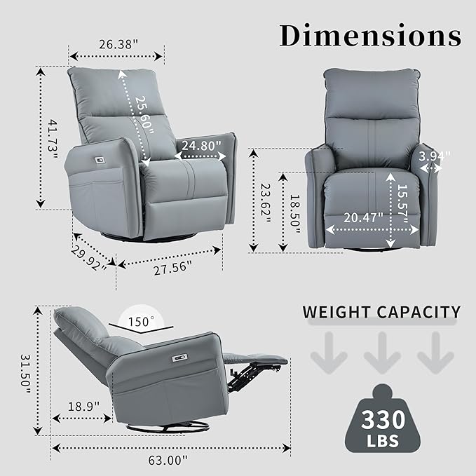 Ball &amp Cast Power Recliner Chair with USB and Type-c PortsSwivel Rocker Recliner Sofa W/Padded BackrestInfinite Position Power Lift Chairfor Living RoomBedroomHome TheatersBlue-Gray