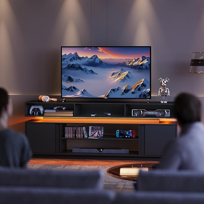 WLIVE Modern TV Stand for 75 Inch TV 2 Tier Entertainment Center with LED Lights &amp Storage Cabinets Media TV Console Gaming Television Stands for Living Room BedroomBlack