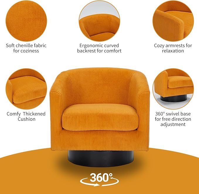 Swivel Accent Chair 360°Swivel Barrel Chair Comfy Upholstered Corduroy Club Armchair for Living Room Reading Room Bedroom (Yellow)