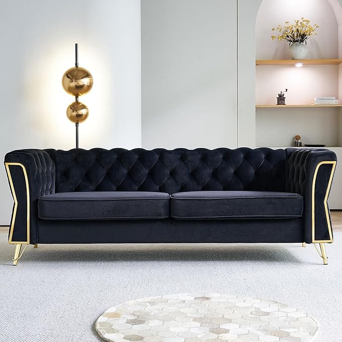 KEIKI 87 Chesterfield Velvet Button Tufted Sofa with High Density Foam Cushions Modern 3-Seater Couch with Gold Strip Trim Decoration Easy Assembly for Apartment Living Room Office Black