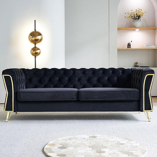 KEIKI 87 Chesterfield Velvet Button Tufted Sofa with High Density Foam Cushions Modern 3-Seater Couch with Gold Strip Trim Decoration Easy Assembly for Apartment Living Room Office Black