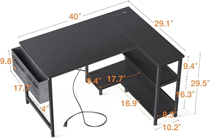 ODK 40 Inch Small L Shaped Gaming Computer Desk with Power Outlets Reversible Storage Shelves &amp PC Stand for Home Office Simple Writing Study Table with Storage Bag for Small Space Black