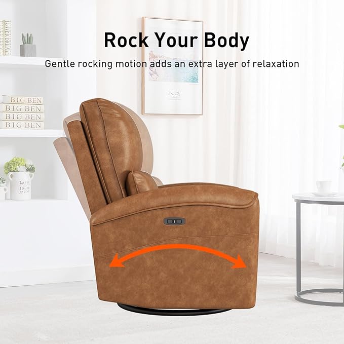 Bonzy Home Power Swivel Rocker Recliner Chair with USB Port 23.2 Wide Seat Fixed Lumbar Support Upholstered Glider Chair for Nursery Living Room Brown
