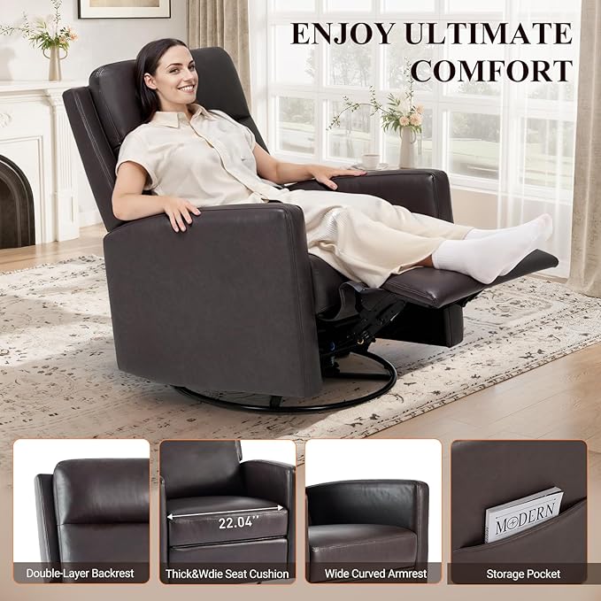 Leather Recliner Chair for Adults Swivel Rocker Recliner for Small Spaces Wide Glider Rocking Nursery Chair with Ergonomic High Backrest for Home Living Room Office Bedroom（Chocolate Brown）