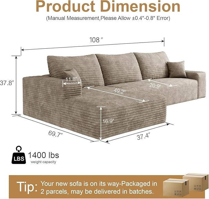 108 Sectional Couches for Living Room Modern Modular Sofa with L-Shape Couch Upholstered Boneless Sofa Deep Seat Sectional Couch with Chaise (Camel Left Facing Chaise+2Seaters)
