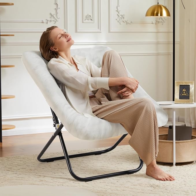 DUMOS Comfy Chair for Adults Soft Faux Fur Folding Lounge for Bedroom Living Room Dorm Rooms Flexible Reading Chair for Teens Large Size Foldable (Square-Creamy)