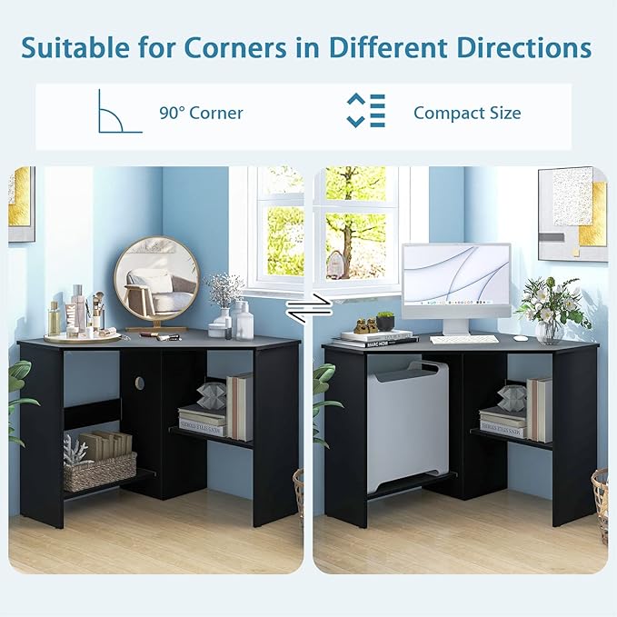 Small Corner Desk Space-Saving Corner Workstation with Storage Shelves &amp CPU Stand 90 Degree Triangle Makeup Vanity Desk Wood Corner Computer Desk for Small Space (Black)