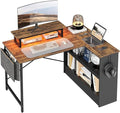 Bestier Small L Shaped Desk with LED Lights 42 Reversible Computer Desk with Open Storage Cabinet &amp Monitor Stand Corner Desk with Side Storage Bag for Home Office Bedroom Rustic Brown