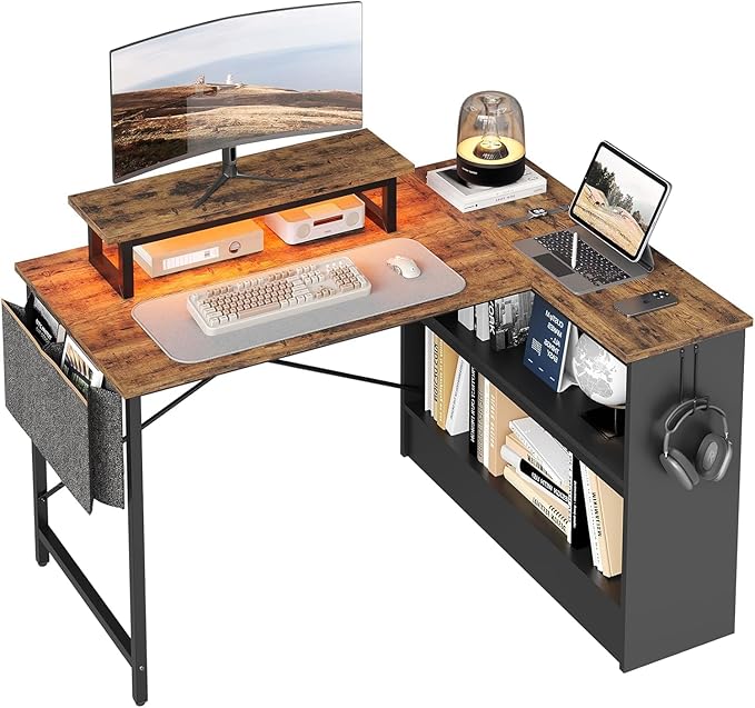 Bestier Small L Shaped Desk with LED Lights 42 Reversible Computer Desk with Open Storage Cabinet &amp Monitor Stand Corner Desk with Side Storage Bag for Home Office Bedroom Rustic Brown