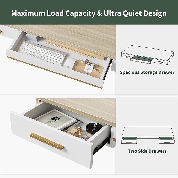 FEZIBO Mid Century Modern Electric Standing Desk with 3 Drawers 48 x 26 Inches Whole Piece Sit Stand Up Home Office Desk White Top with White Frame (2 Packages)