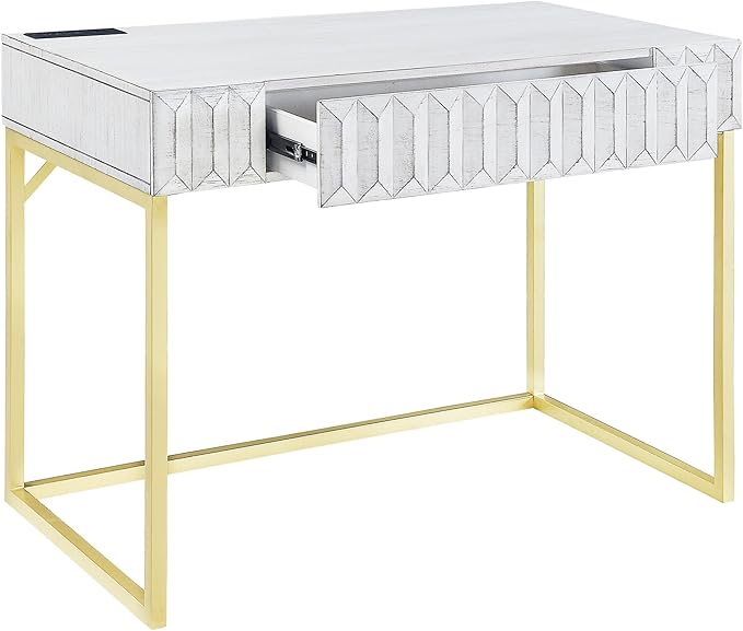 24/7 Shop at Home Bellevue Modern Metal 1 Drawer Writing Desk with USB Port Power Outlet for Workstation Home Office Study Room Antique White and Gold