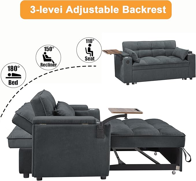 66 Multi-Functional Pull-Out Sofa Bed with Hidden Side Table Storage Armrests Built-in Charging Port Spring Mattress Solid Wood Frame – Ideal for Small Spaces Easy Assembly