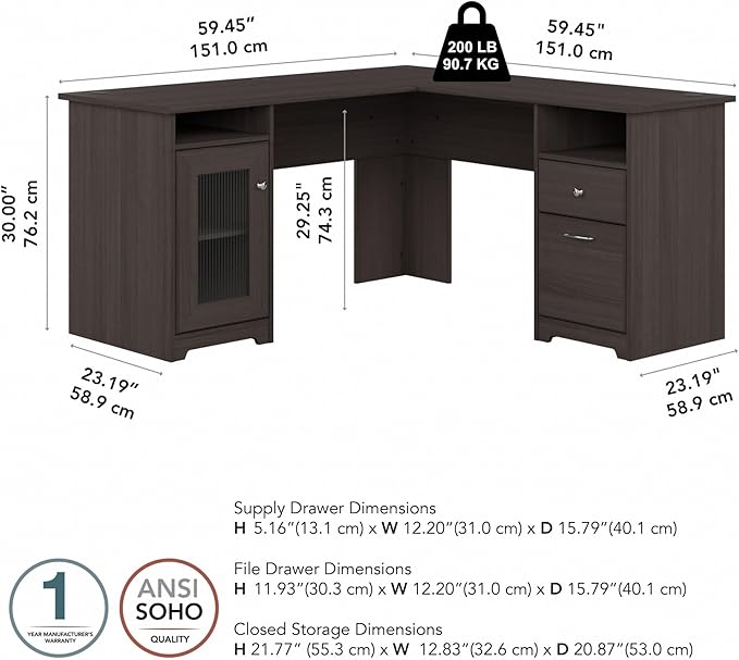 Bush Home Cabot 60W L Shaped Computer Desk with Storage in Heather Gray 60-inch Corner Table with Drawers for Home Office Workspace