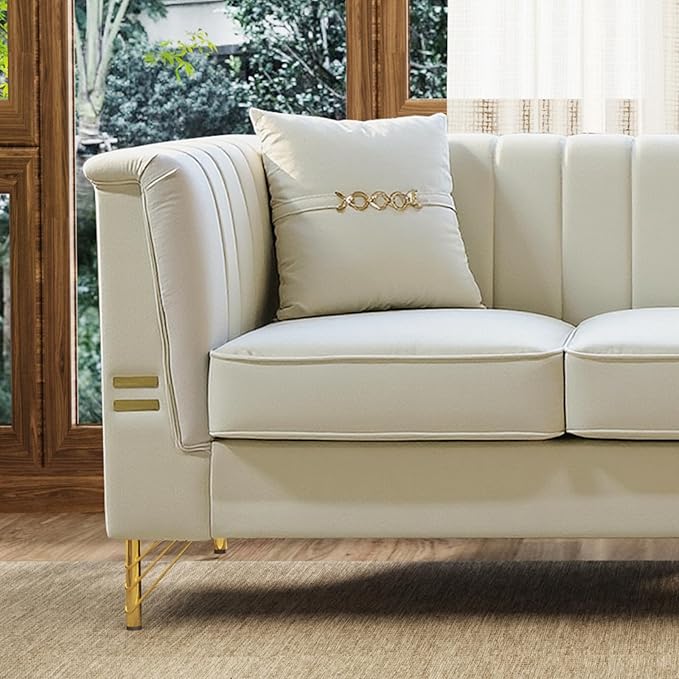 84'' L Modern 3 Seater Beige Velvet Sofa Couches with Metal Gold Legs for Living Room Mid Century Classic Tufted Chesterfield Sofa for Apartment