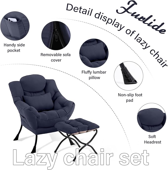 Lazy Chair with Ottoman Modern Lounge Chair with Lumbar Pillow Accent Cozy Reading Armchair and Folding Footstool for Bedroom Dorm Living RoomNavy