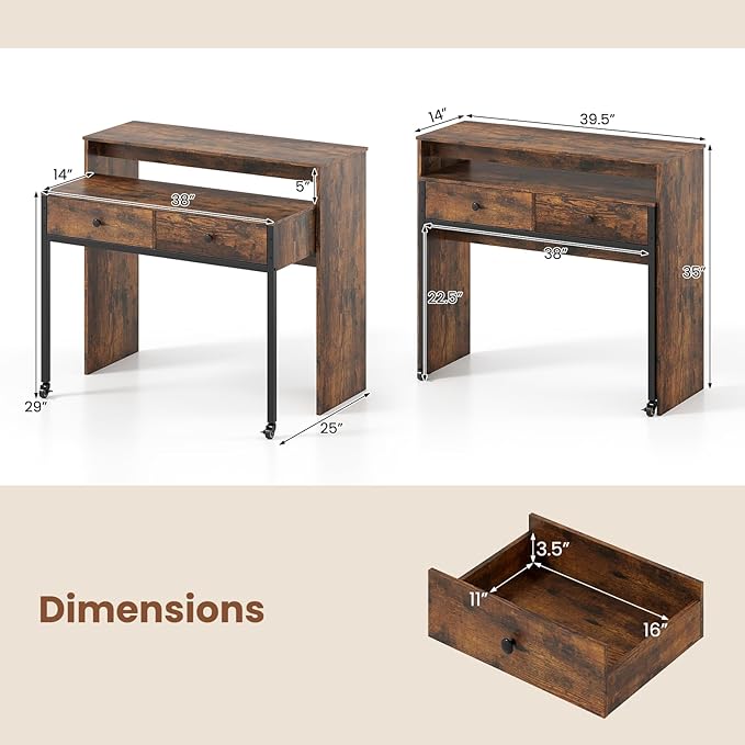 Giantex Small Computer Desk with Hutch &amp Drawers Extendable Writing Desk w/Pull Out Secondary Table Monitor Stand &amp Rolling Wheels Console Table Compact Desk for Small Spaces (Rustic Brown