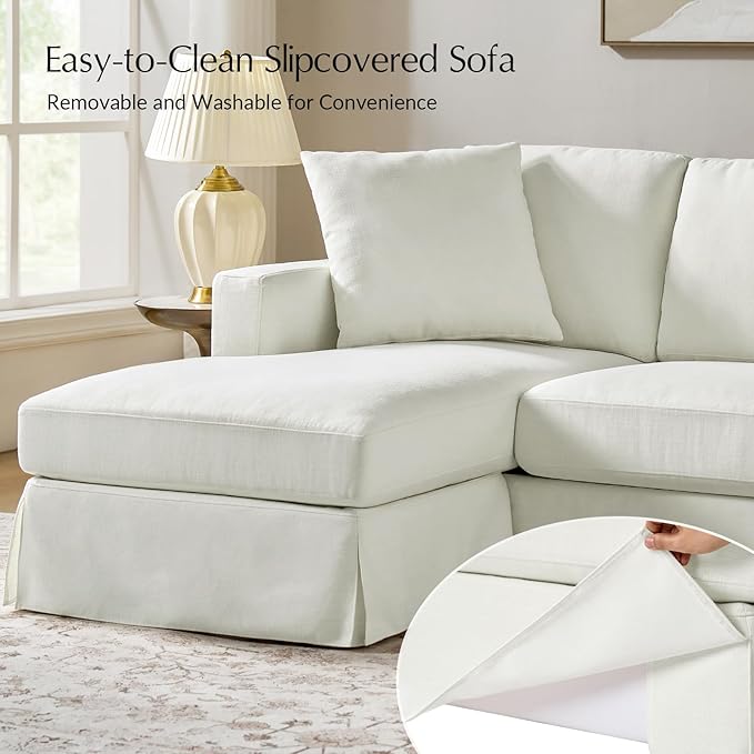 HULALA HOME 85 Slipcovered Sofa with Removable &amp Washable Cover 3-Seater Farmhouse Chaise Sofa with Down-Filled Cushions Comfy Upholstered Couch for Living Room Bedroom White