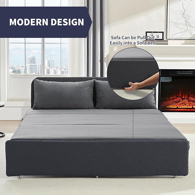 2 in 1 Pull Out Sofa Bed Queen Size Small Convertible Sleeper Sofa Couch Linen Folding Guest Bed with Wheels and Cushions Pillow Futon Sofas Couch Beds for Bedroom Office Lounge - Dark Grey