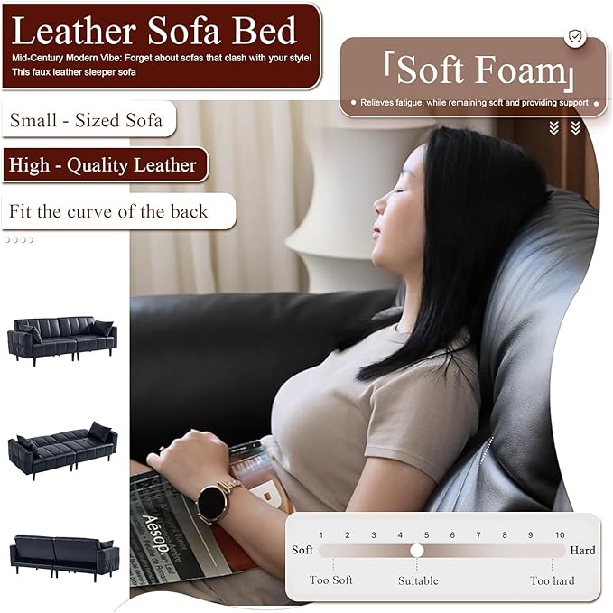 83 Mid Century Modern Futon Sofa Bed 3 Seater Faux Leather Couch with Adjustable Backrest Comfy Upholstered Sleeper Sofa for Living Room Apartment Home Office (Black)