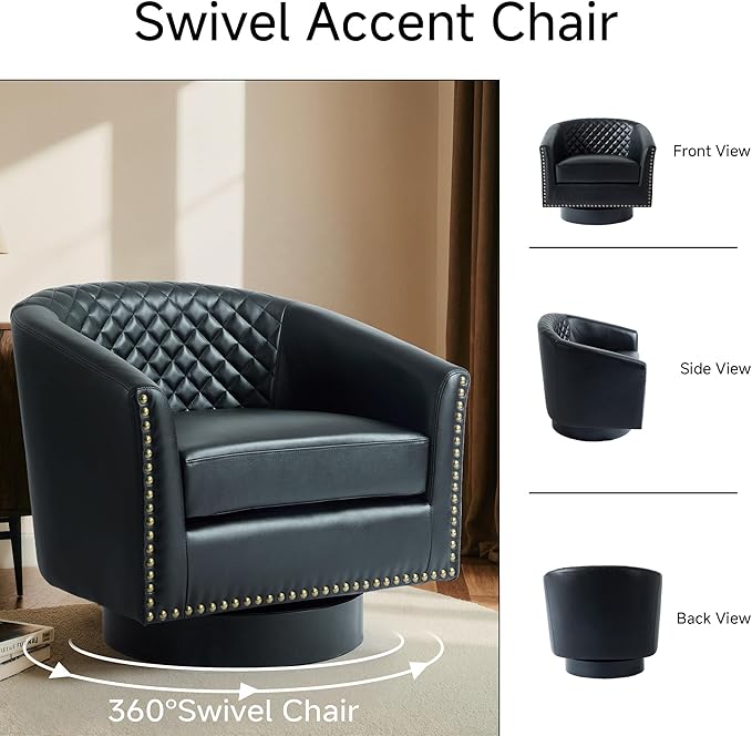 Swivel Barrel Accent Chair Faux Leather Club Chair for Living Room Modern Upholstered Round Armchair Side Chair for Bedroom Office-Black